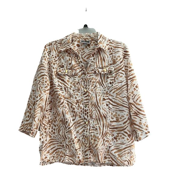 JM Collection Tops - JM Collection Linen Shirt Women’s 6‎ Animal Print Button Up 3/4 Sleeve Coastal